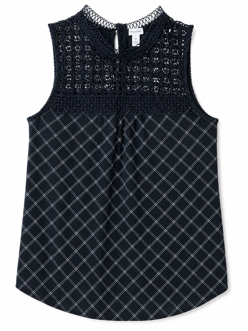 Maurices Plaid Crochet Yoke Sleeveless Blouse Top Lace High Neck Dark Academia